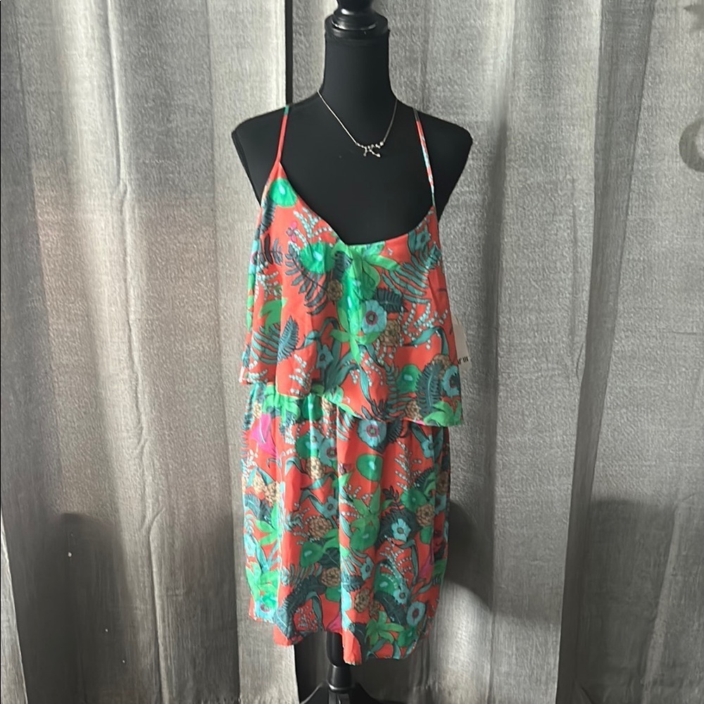 Bar III Coral and Green Floral Spaghetti-Strap Dress